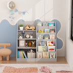 Kids Bookshelf and Toy Storage Organizer, 4-Tier Wooden Bookcase with Display Stand in Gray MDF for Nursery, Playroom, or Chi