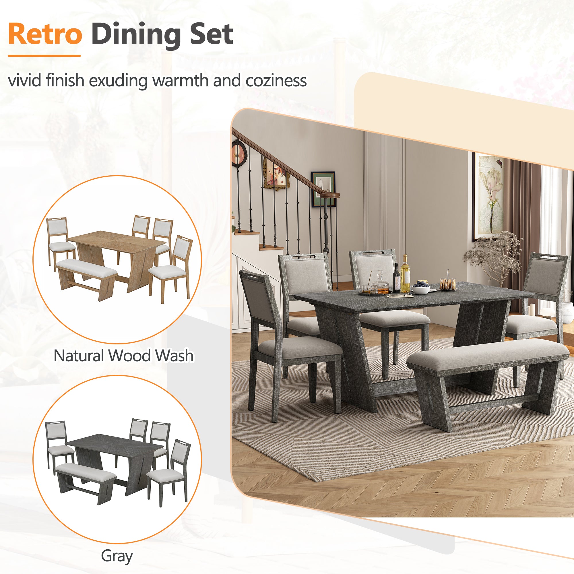 TREXM 6-Piece Retro Dining Table Set for 6, 60' Wood Kitchen Table and Chairs Set of 4 with Bench Designed Trestle Base for kitchen & Dining Room (Gray) - Grand Goldman Shop