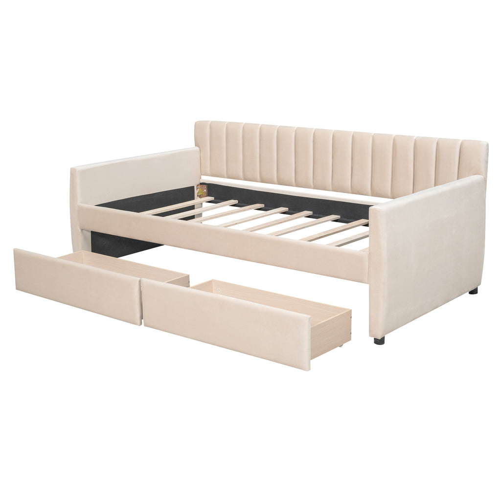 Twin Size Upholstered daybed with Drawers, Wood Slat Support, Beige - Grand Goldman Shop
