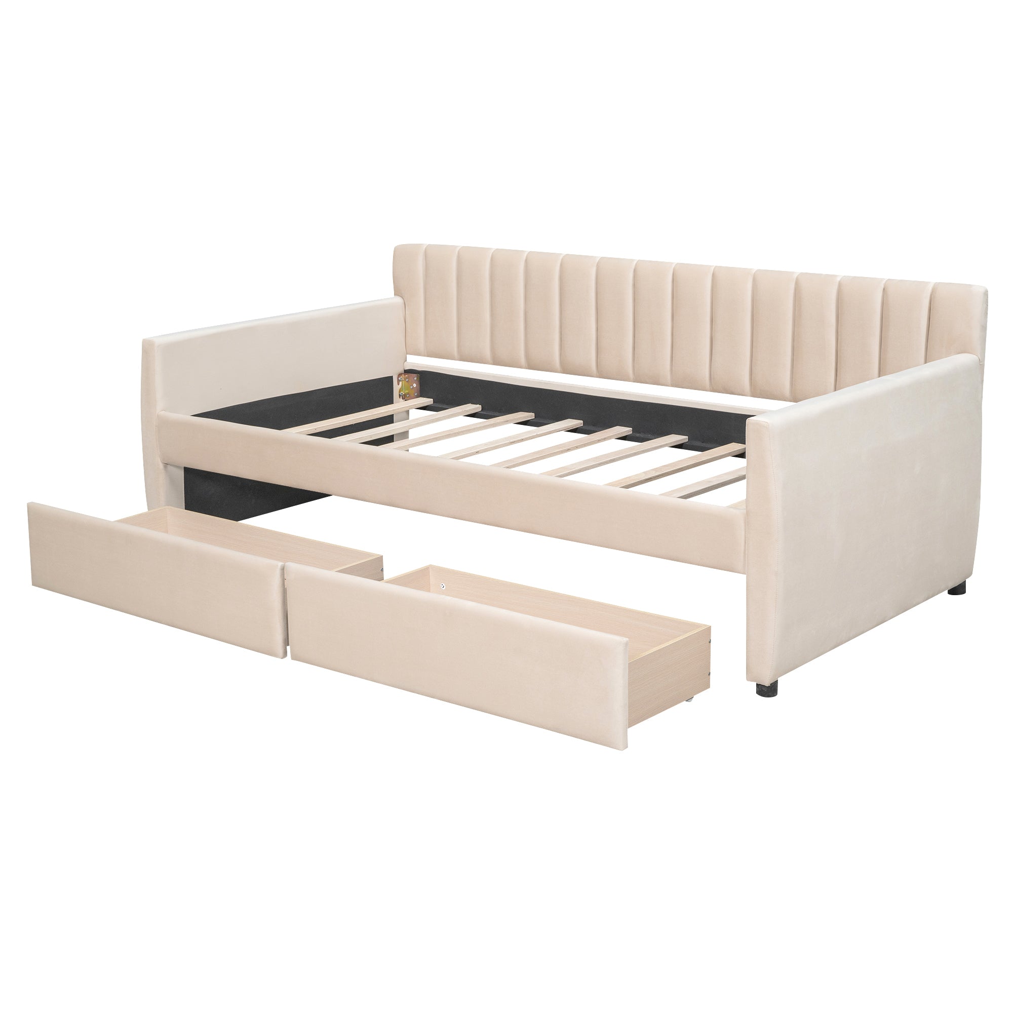 Twin Size Upholstered daybed with Drawers, Wood Slat Support, Beige - Grand Goldman Shop