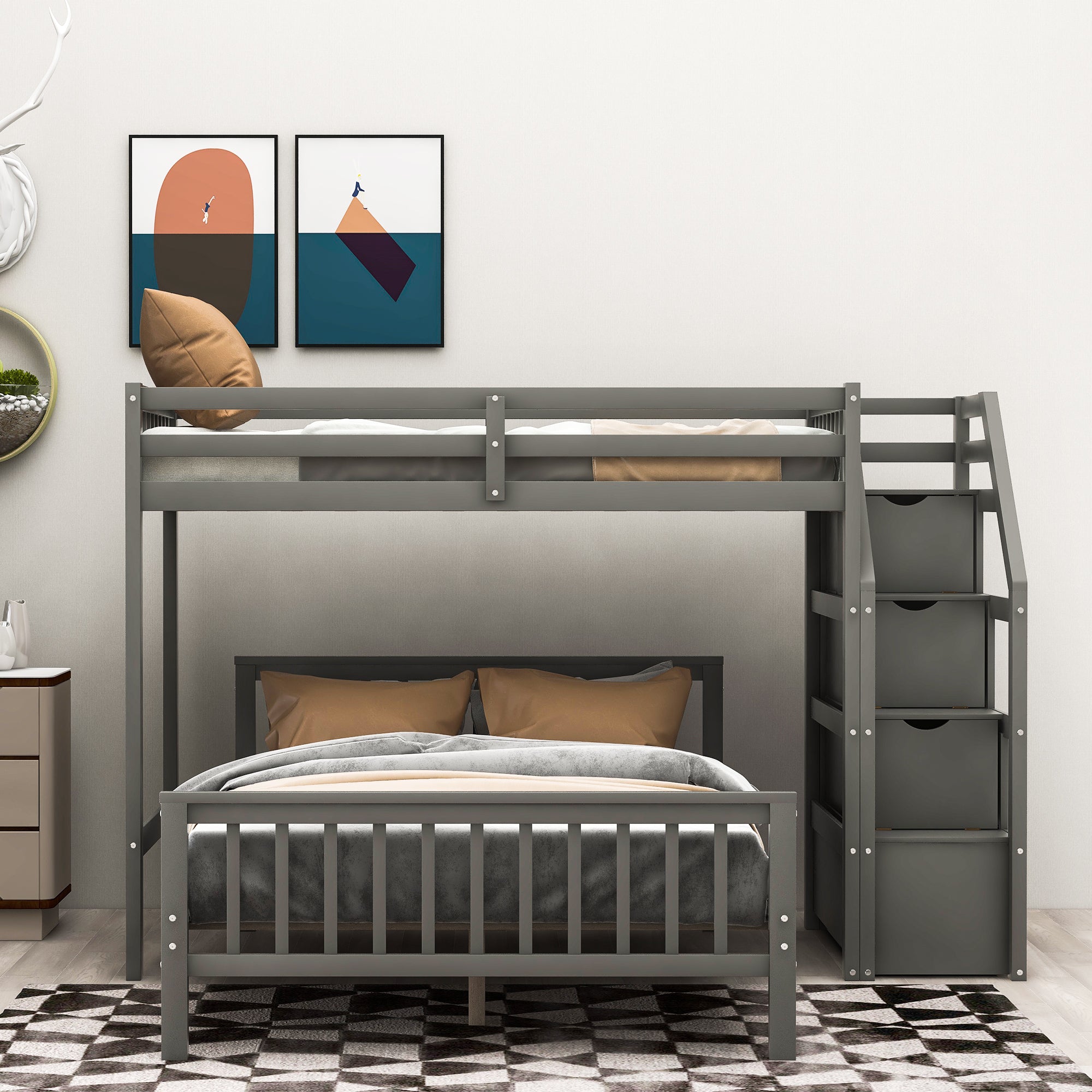 Gray Twin over Full Loft Bed with Staircase and Storage, Pine Wood and MDF, 97.2''L x 78.4''W x 61.4''H - Grand Goldman Shop