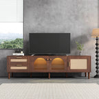 Dark Brown Rattan-inspired TV Stand with 3 Cabinets & 2 Drawers, LED Light Media Console for TVs up to 80'', MDF & Solid Wood Construction - Grand Goldman Shop