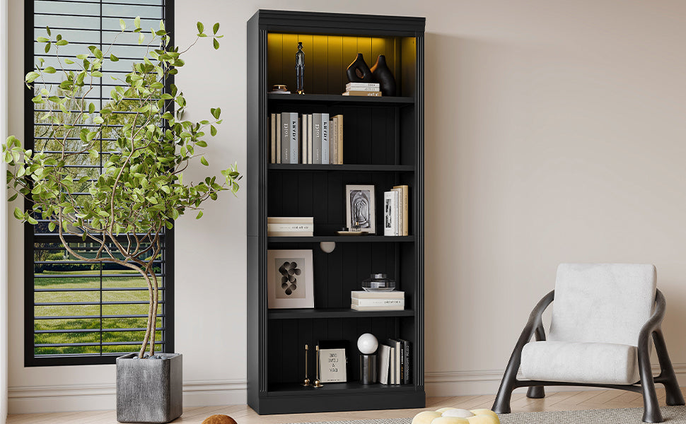 83.4' Tall Wood Bookcase with light strip,5-Tier Decor Bookshelves with Adjustable Shelves,Storage Organizer for CDs/Books/Mo
