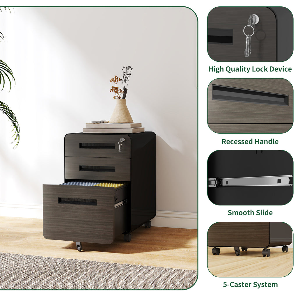 Stylish 3-Drawer Mobile File Cabinet with Lock, All-Steel Metal Storage Cabinet on Casters, Black, Holds A4/Letter Files - Av