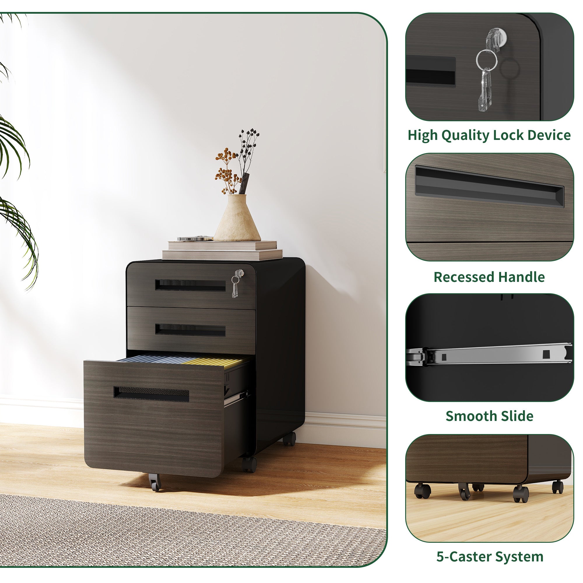 Stylish 3-Drawer Mobile File Cabinet with Lock, All-Steel Metal Storage Cabinet on Casters, Black, Holds A4/Letter Files - Av