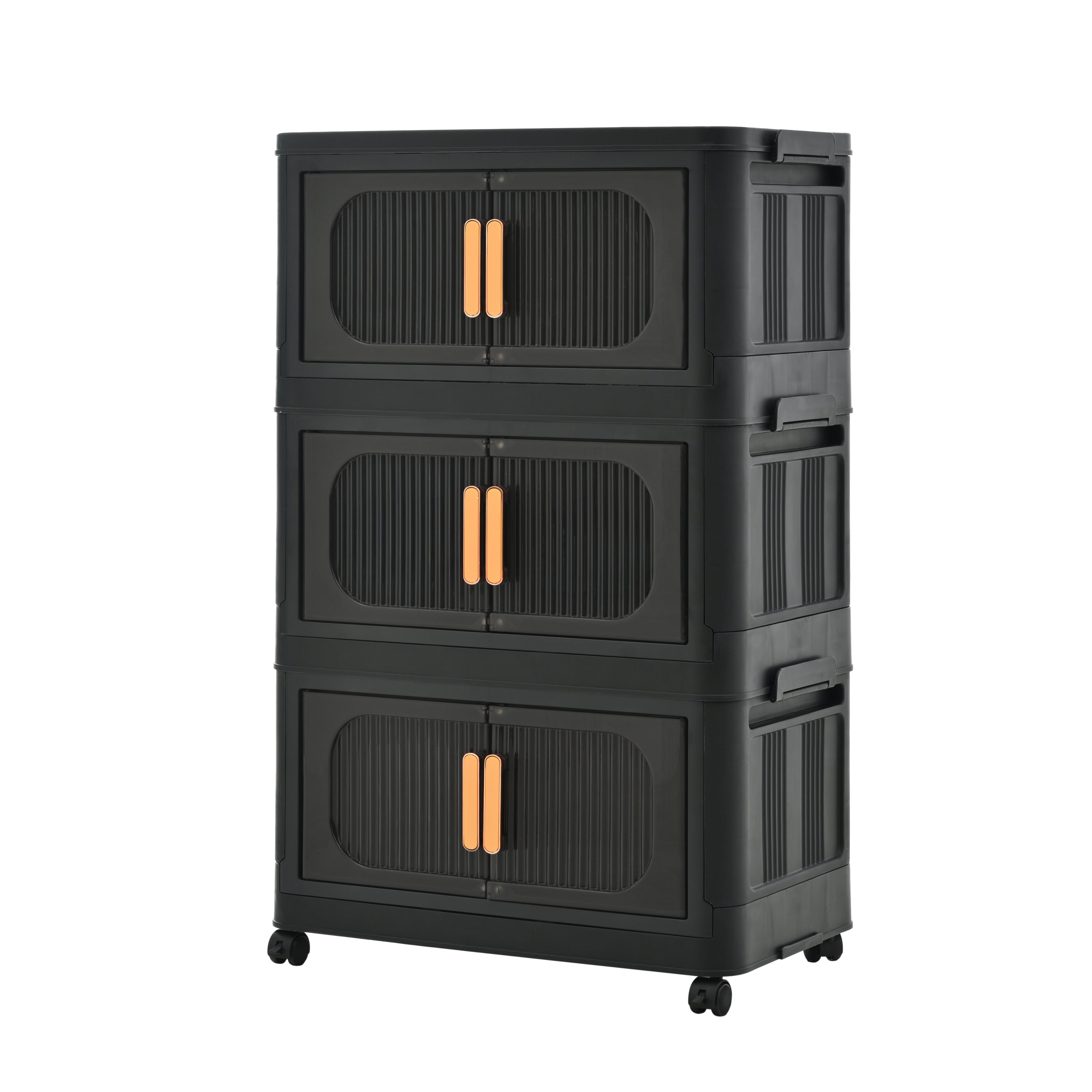 Black, 20' Side Wide Folding Storage Cabinet ,3 Tiers,19.69'×11.81'×31.10',Collapsible Storage Bins with Magnetic Door, Plastic Storage Cabinet with Wheels - Grand Goldman Shop