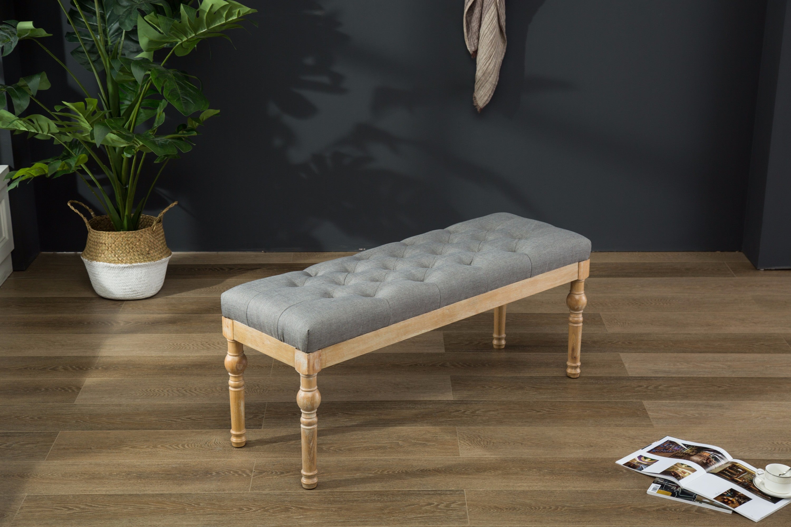 Habit Solid Wood Button Tufted Dining Bench, Grey - Grand Goldman Shop