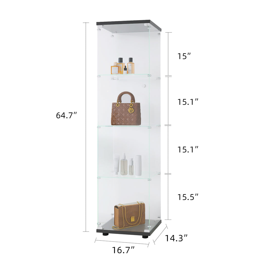 Glass Display Cabinet 4 Shelves with Door, Floor Standing Curio Bookshelf for Living Room Bedroom Office, 64.7'*16.7'*14.3', 