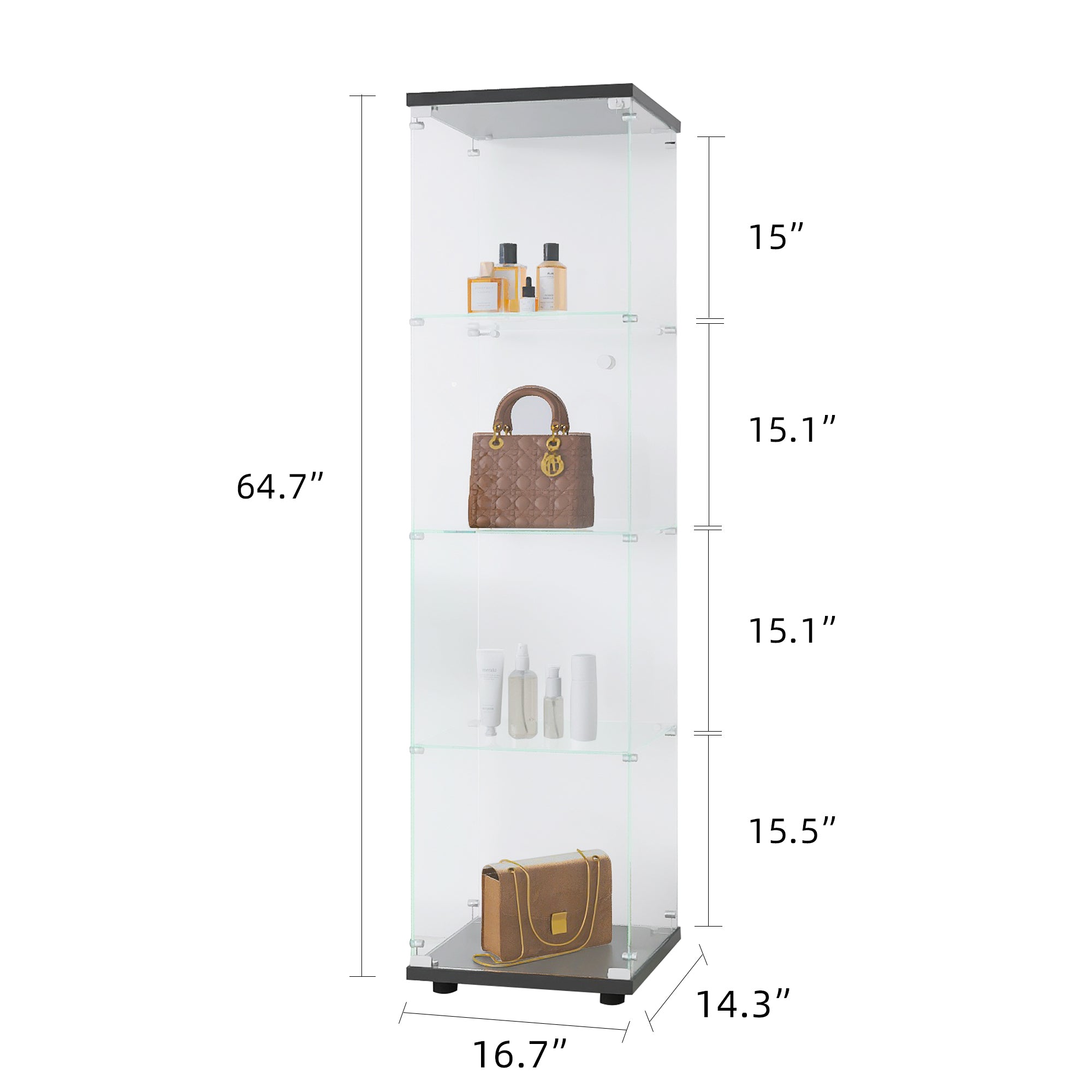 Glass Display Cabinet 4 Shelves with Door, Floor Standing Curio Bookshelf for Living Room Bedroom Office, 64.7'*16.7'*14.3', 