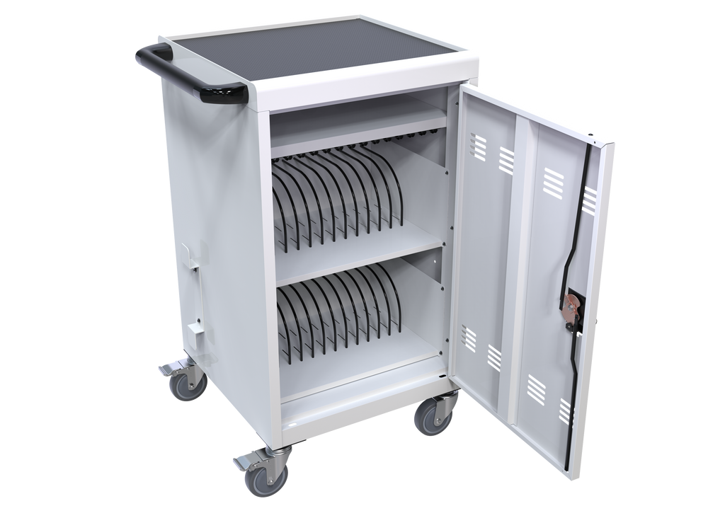 30+2 Bay Mobile School Charging Cart Station for Chromebook, Tablet and Laptop Computer with Power Strip Included - White | P