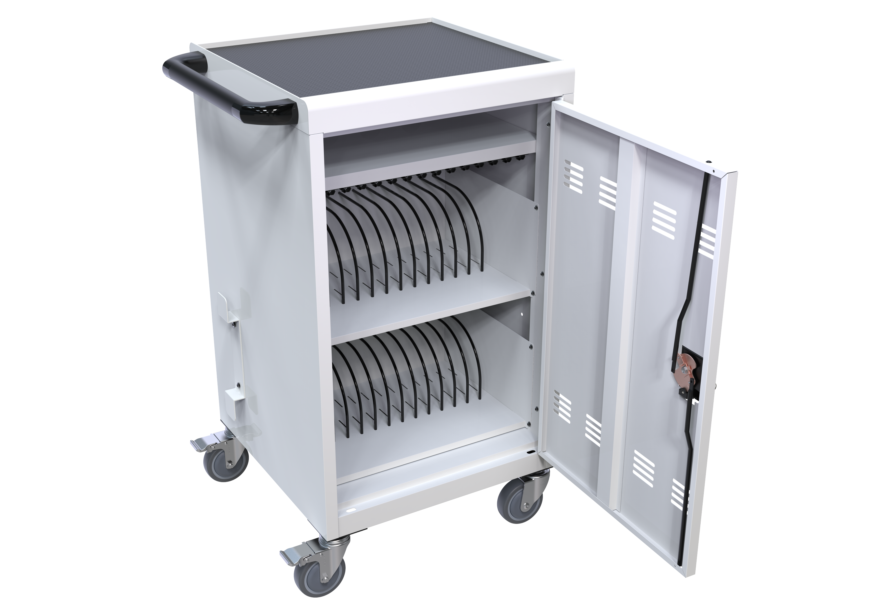 30+2 Bay Mobile School Charging Cart Station for Chromebook, Tablet and Laptop Computer with Power Strip Included - White | P