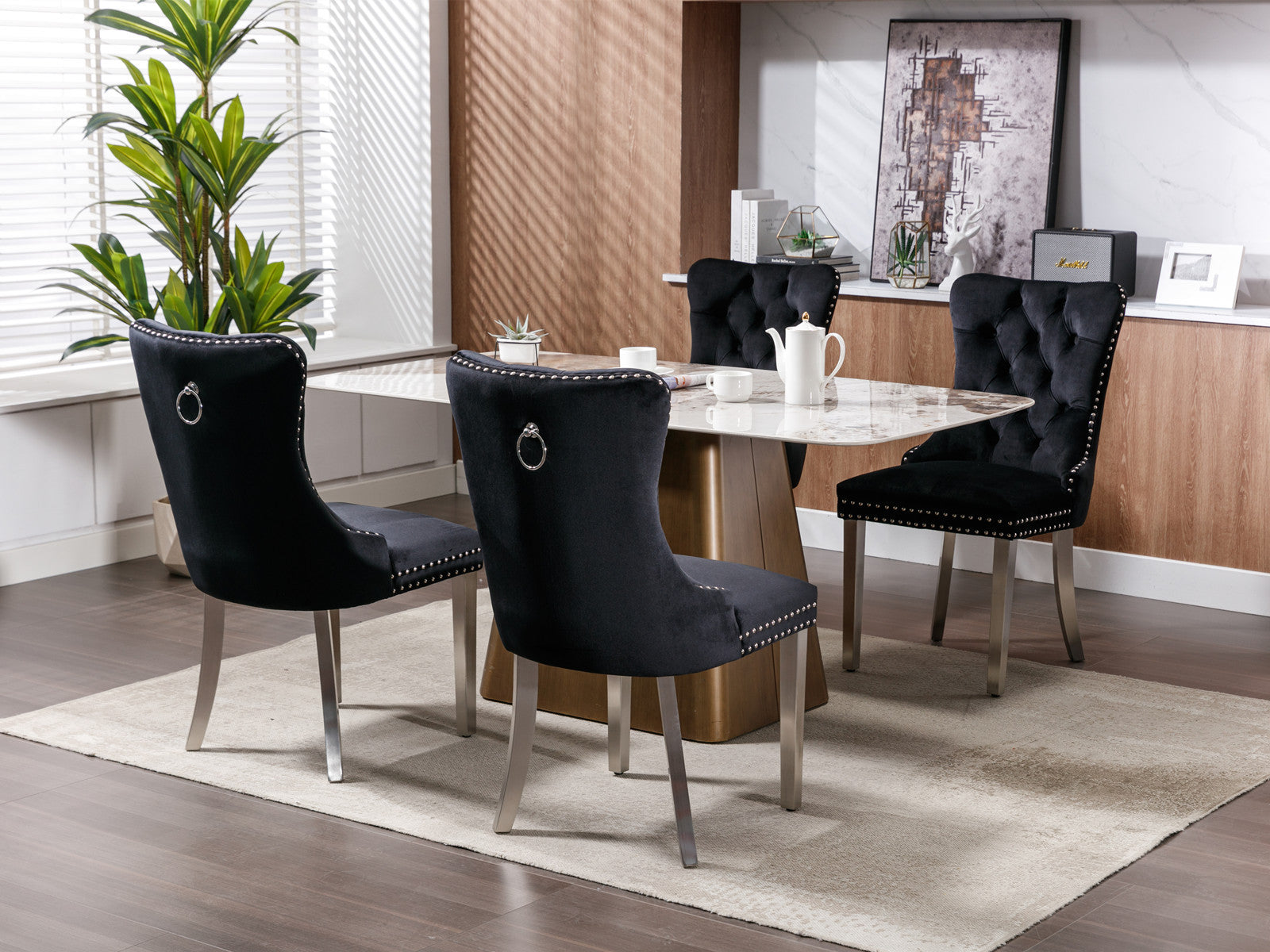 Nikki Collection Modern, High-end Tufted Solid Wood Contemporary Velvet Upholstered Dining Chair with Chrome Stainless Steel Plating Legs,Nailhead Trim,Set of 2,Black and Chrome, SW1701BK - Grand Goldman Shop