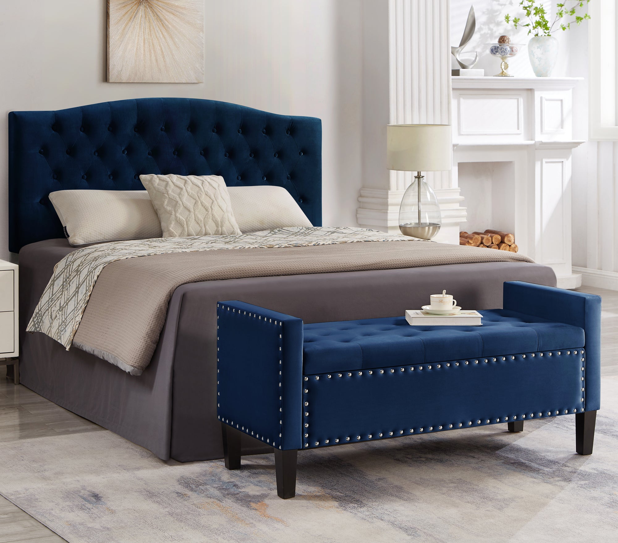 Upholstered Tufted Button Storage Bench with nails trim,Entryway Living Room Soft Padded Seat with Armrest,Bed Bench -Navy - Grand Goldman Shop