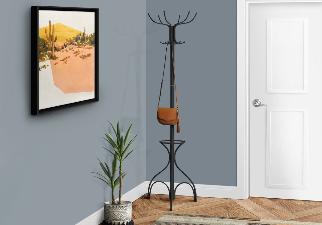 Coat Rack, Hall Tree, Free Standing, 12 Hooks, Entryway, 70'h, Umbrella Holder, Bedroom, Black Metal, Transitional - Grand Goldman Shop