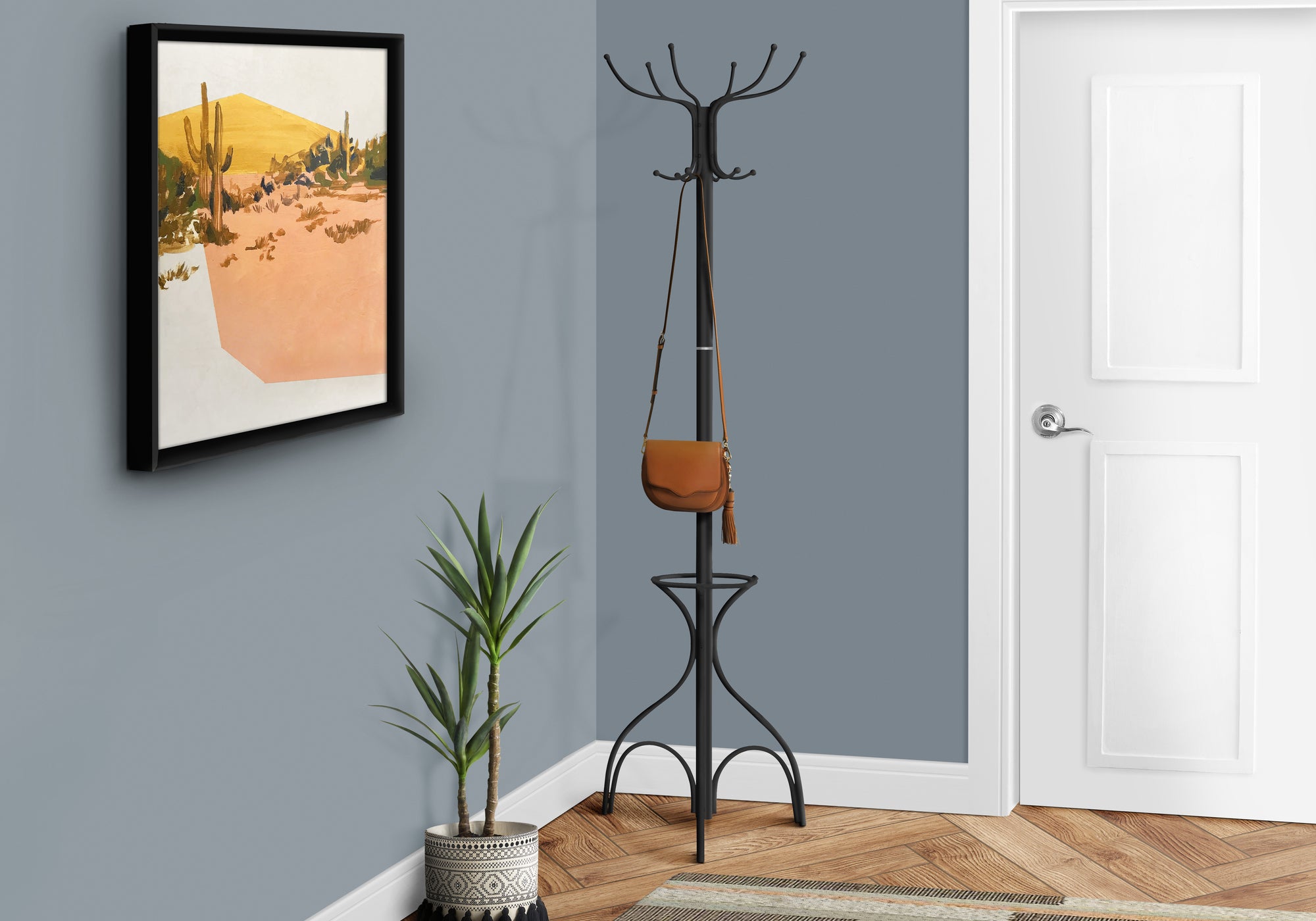 Coat Rack, Hall Tree, Free Standing, 12 Hooks, Entryway, 70'h, Umbrella Holder, Bedroom, Black Metal, Transitional - Grand Goldman Shop