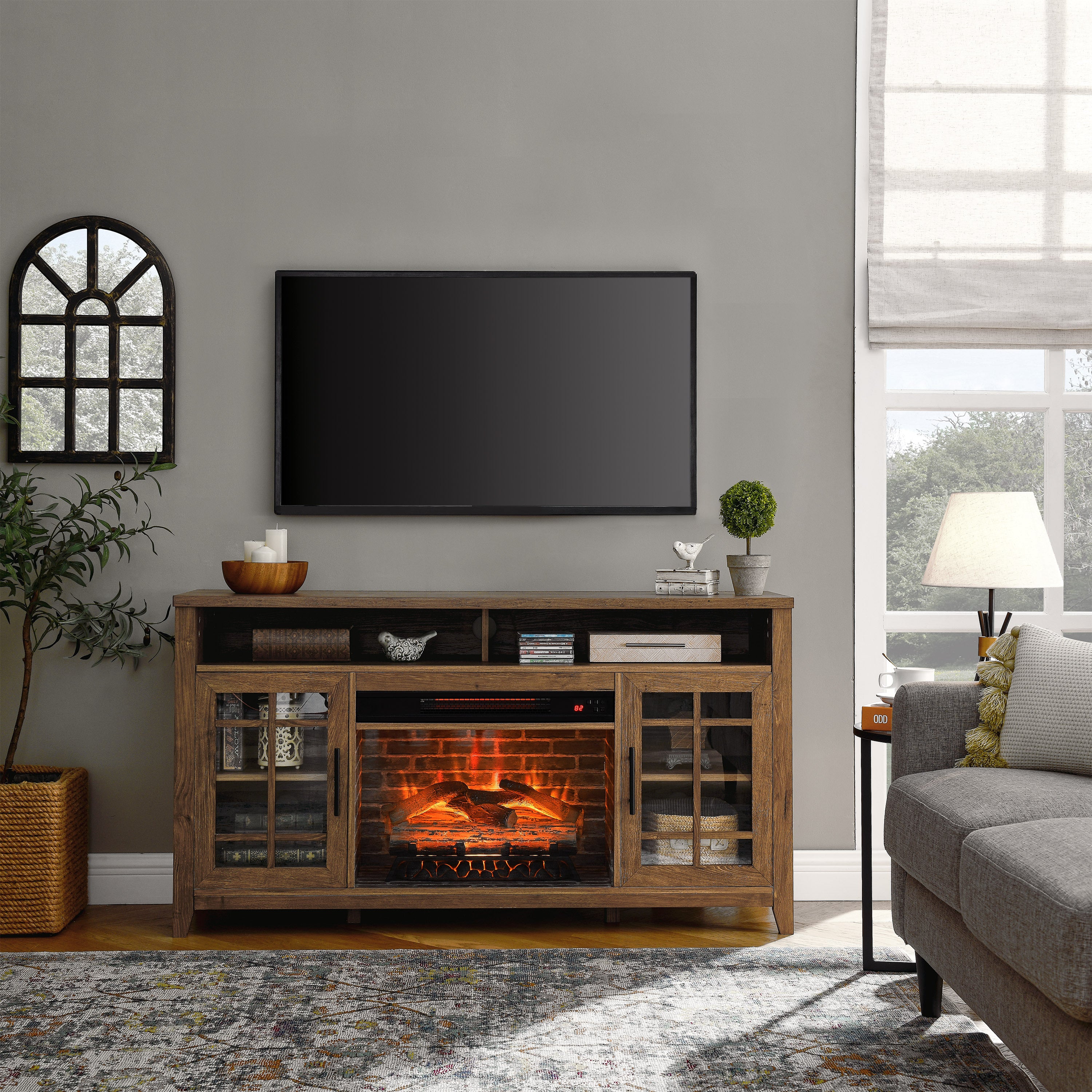55 inch TV Media Stand with Electric Fireplace KD Inserts Heater,Reclaimed Barnwood Color - Grand Goldman Shop