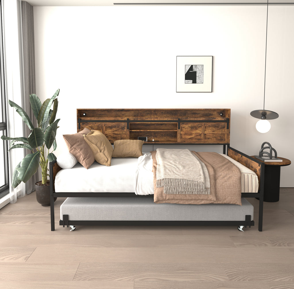 Twin Daybed with Trundle, Farmhouse Daybed Frame with Sliding Barn Door Headboard and Charging Station & LED Light for Bedroom and Guest Room, Rustic Brown - Grand Goldman Shop