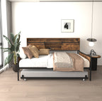 Twin Daybed with Trundle, Farmhouse Daybed Frame with Sliding Barn Door Headboard and Charging Station & LED Light for Bedroom and Guest Room, Rustic Brown - Grand Goldman Shop