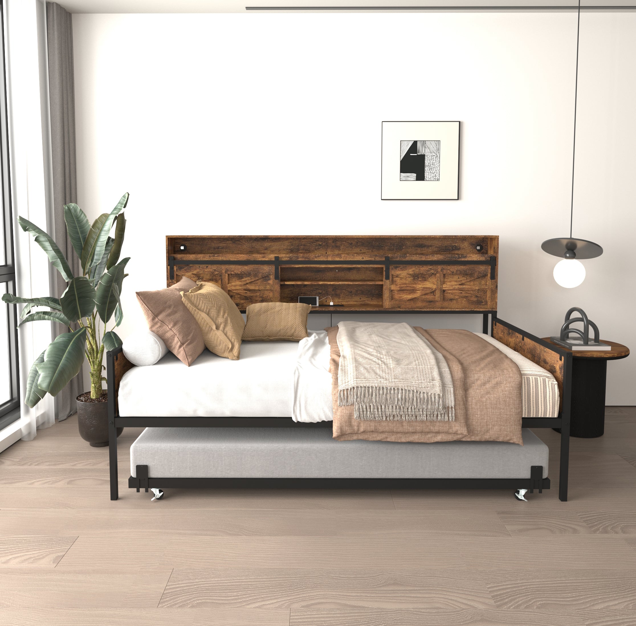 Twin Daybed with Trundle, Farmhouse Daybed Frame with Sliding Barn Door Headboard and Charging Station & LED Light for Bedroom and Guest Room, Rustic Brown - Grand Goldman Shop
