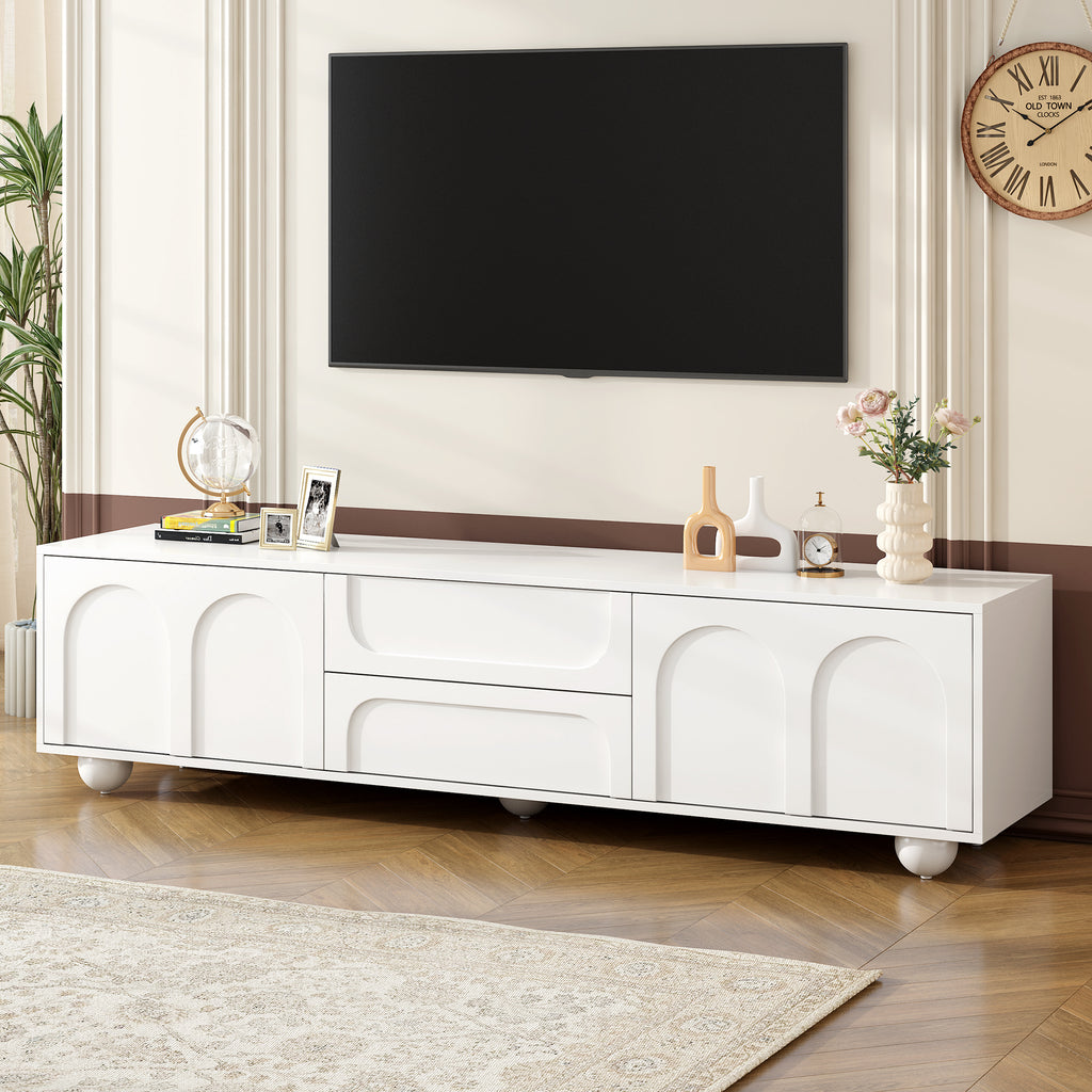 ON-TREND Cream Style TV Stand with Arched Doors & 2 Drawers for TVs up to 75', Minimalist Media Console with Rebound Device, Entertainment Center with 5 Iron Round Legs for Living Room, Bedroom, White - Grand Goldman Shop