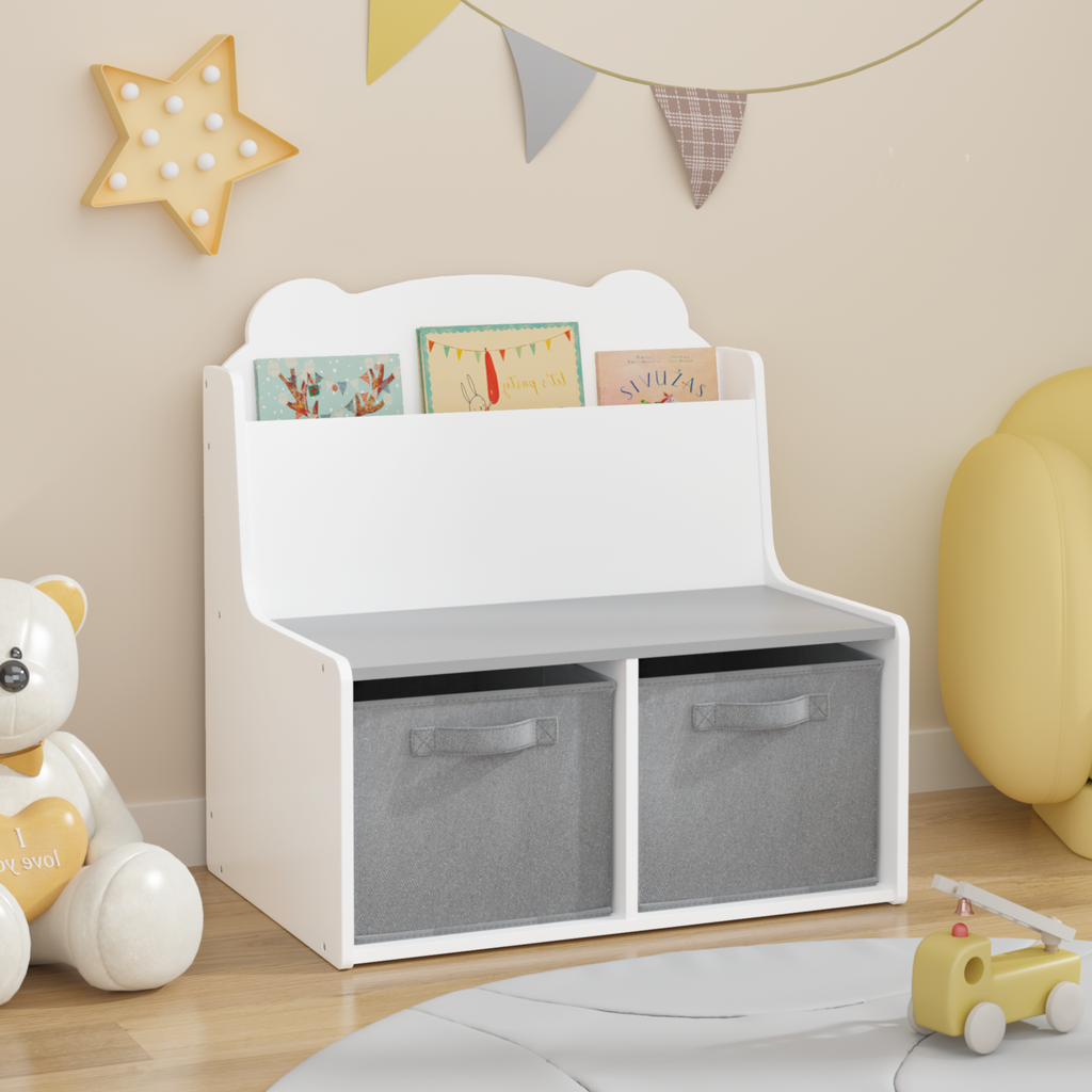 Kids Bookshelf with Storage Bins – Wooden Bookcase with Book Display Shelf and 2 Fabric Bins, Cute Bear-Shaped Backboard, Toy