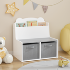 Kids Bookshelf with Storage Bins – Wooden Bookcase with Book Display Shelf and 2 Fabric Bins, Cute Bear-Shaped Backboard, Toy