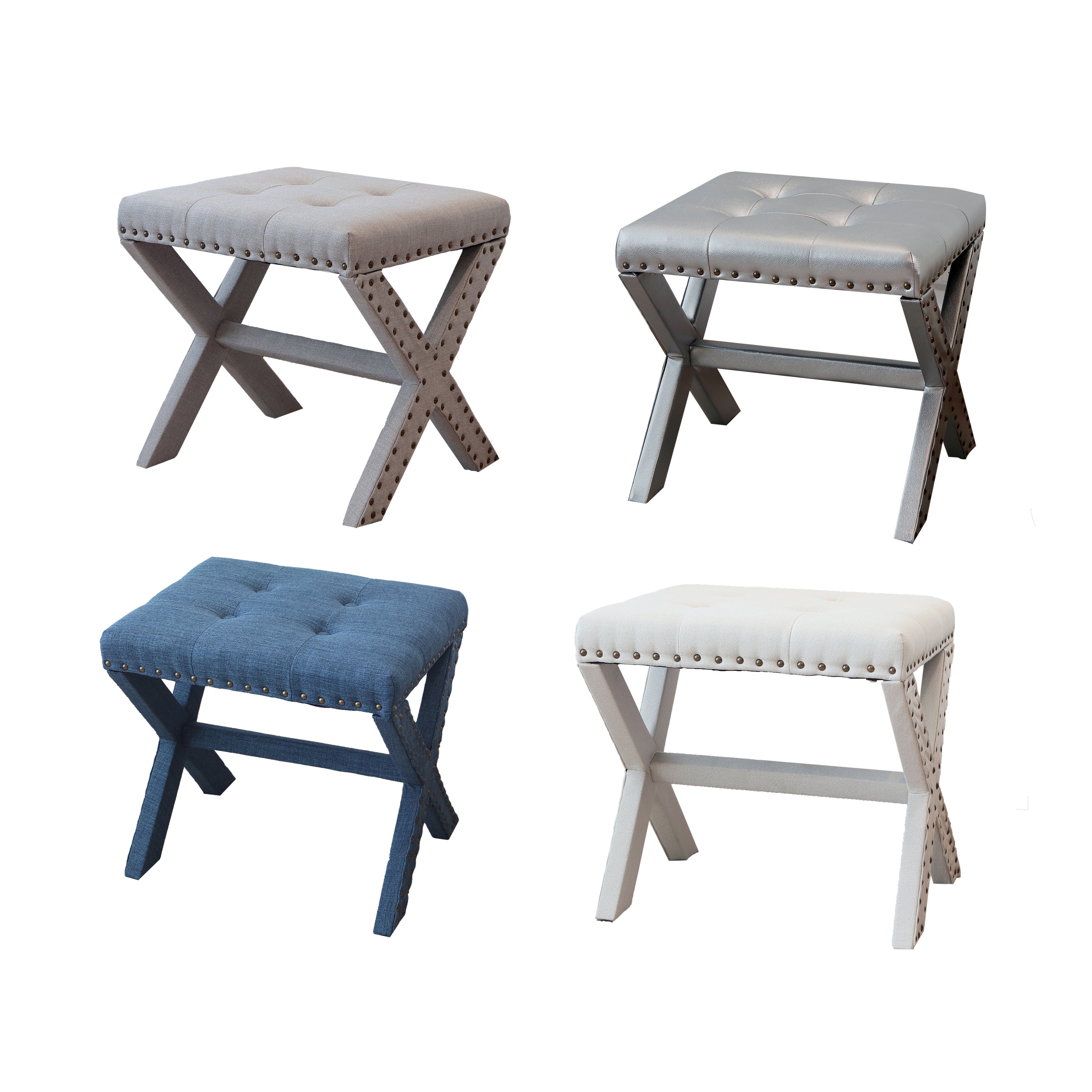 Accent Stool, Tufted Linen Upholstered Chair, X-Base Wood Seat with Nailhead Trim, 17'D x 19'W x 17'H, 300 lbs Capacity - Grand Goldman Shop