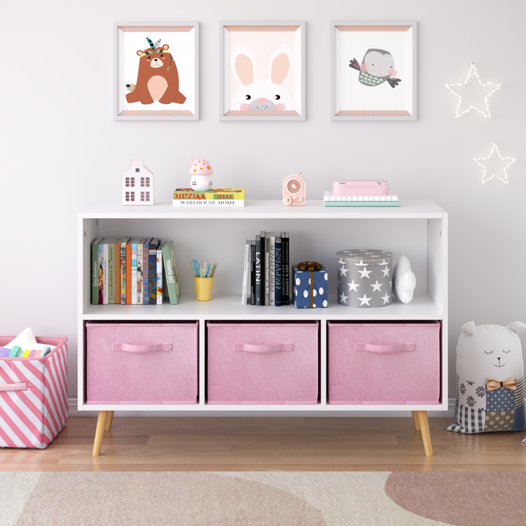 Modern Kids Bookcase with Collapsible Fabric Drawers, Children's Book Display & Toy Storage, White/Pink MDF & Pine Legs | Pre