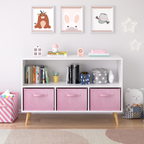 Modern Kids Bookcase with Collapsible Fabric Drawers, Children's Book Display & Toy Storage, White/Pink MDF & Pine Legs | Pre