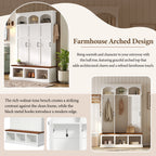 Classic Arched Design Hall Tree with 3 Hidden Storage, Farmhouse Mudroom with Walnut Bench, Mid-Century All-in-One Entryway Organizer with 5 Hooks for Hallway, White - Grand Goldman Shop