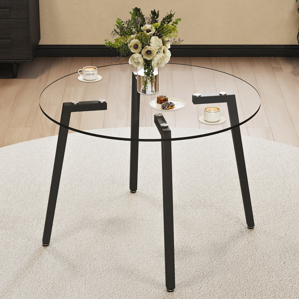 Modern simple style round transparent tempered glass table, tempered glass table top, black metal legs, suitable for kitchen, dining room and living room, 42 '*42' *29.5 '1123r - Grand Goldman Shop