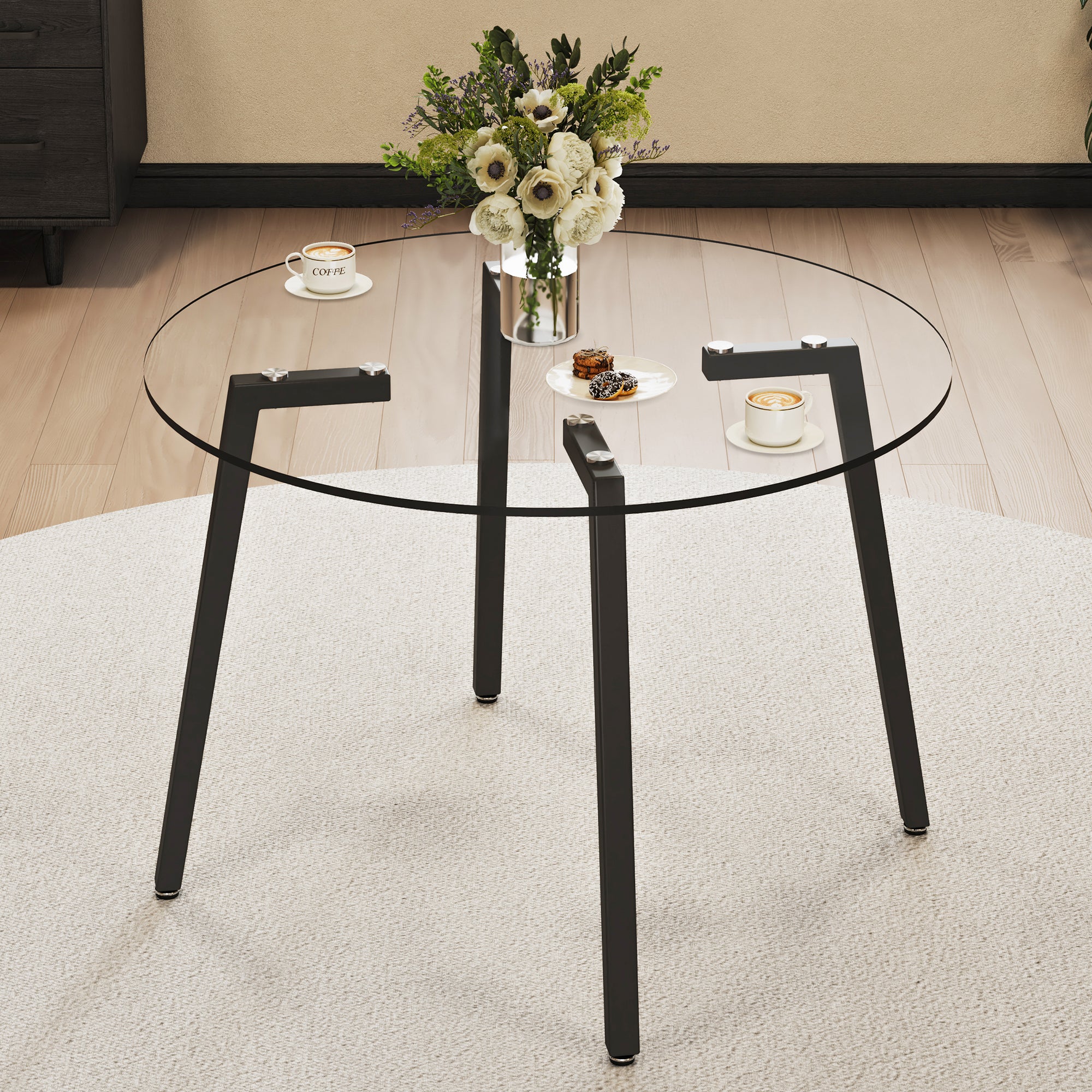 Modern simple style round transparent tempered glass table, tempered glass table top, black metal legs, suitable for kitchen, dining room and living room, 42 '*42' *29.5 '1123r - Grand Goldman Shop