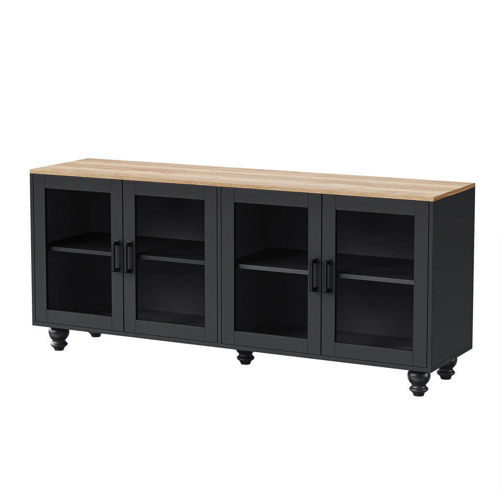 ON-TREND Farmhouse TV Stand with Tempered Glass Doors for TVs Up to 70', Versatile Sideboard with Adjustable Shelves, Elegant Buffet Cabinet with 5 Solid Wood Gourd-Shaped Legs for Living Room, Black - Grand Goldman Shop