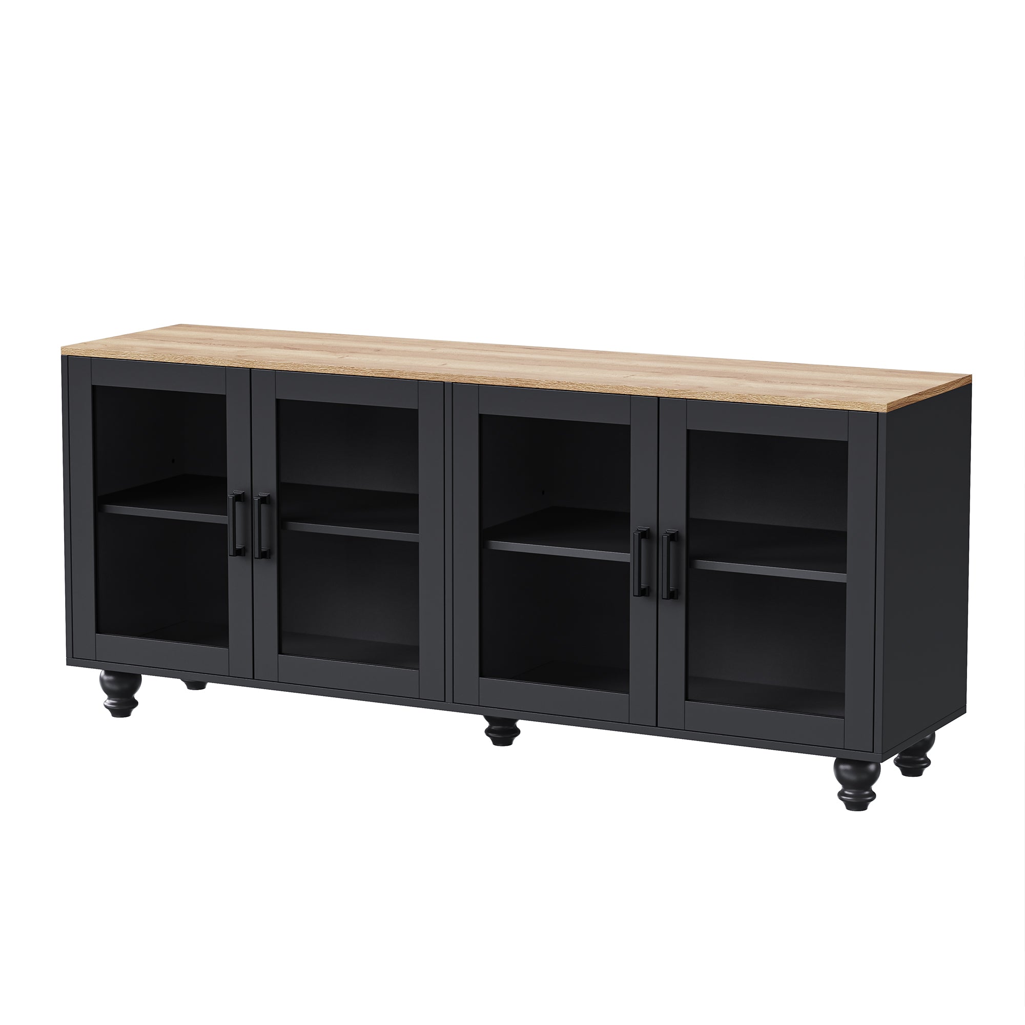 ON-TREND Farmhouse TV Stand with Tempered Glass Doors for TVs Up to 70', Versatile Sideboard with Adjustable Shelves, Elegant Buffet Cabinet with 5 Solid Wood Gourd-Shaped Legs for Living Room, Black - Grand Goldman Shop