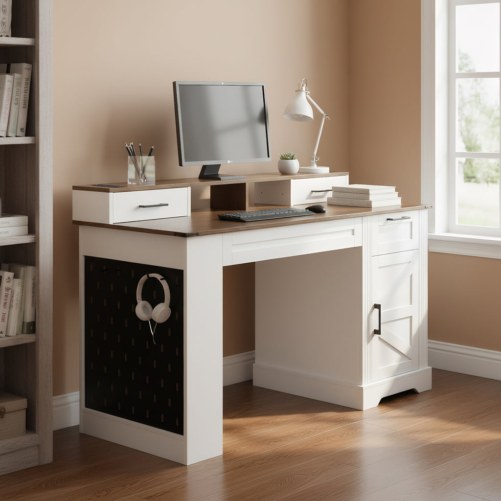 White Farmhouse Office Desk with Storage Cabinet, Charging Station, Monitor Stand & Pegboard, 55' Computer Writing Desk with 