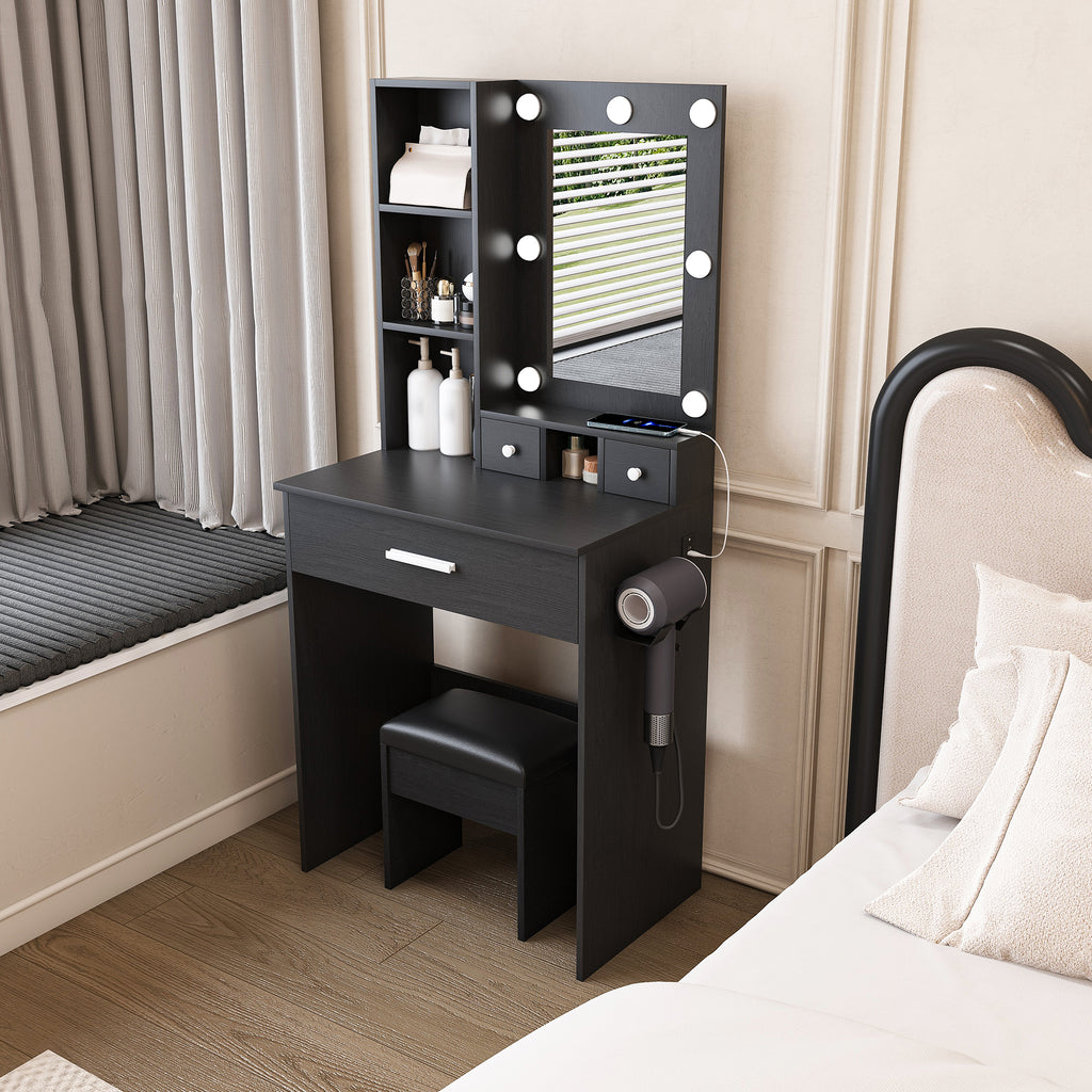 Black Vanity Table with Adjustable LED Mirror, Power Outlet, Hairdryer Holder & Matching Stool – Compact Dressing Desk for Small Bedrooms - Grand Goldman Shop