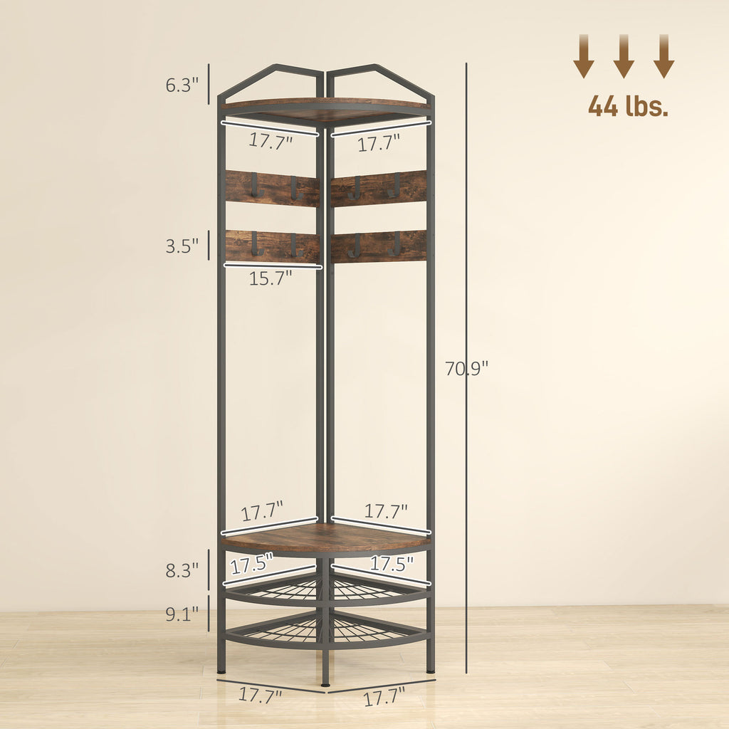 Coat Rack Corner Hall Tree, Industrial 4-Tier Coat Rack with Shoe Storage, 8 Movable Hooks and 2 Shelves - Grand Goldman Shop