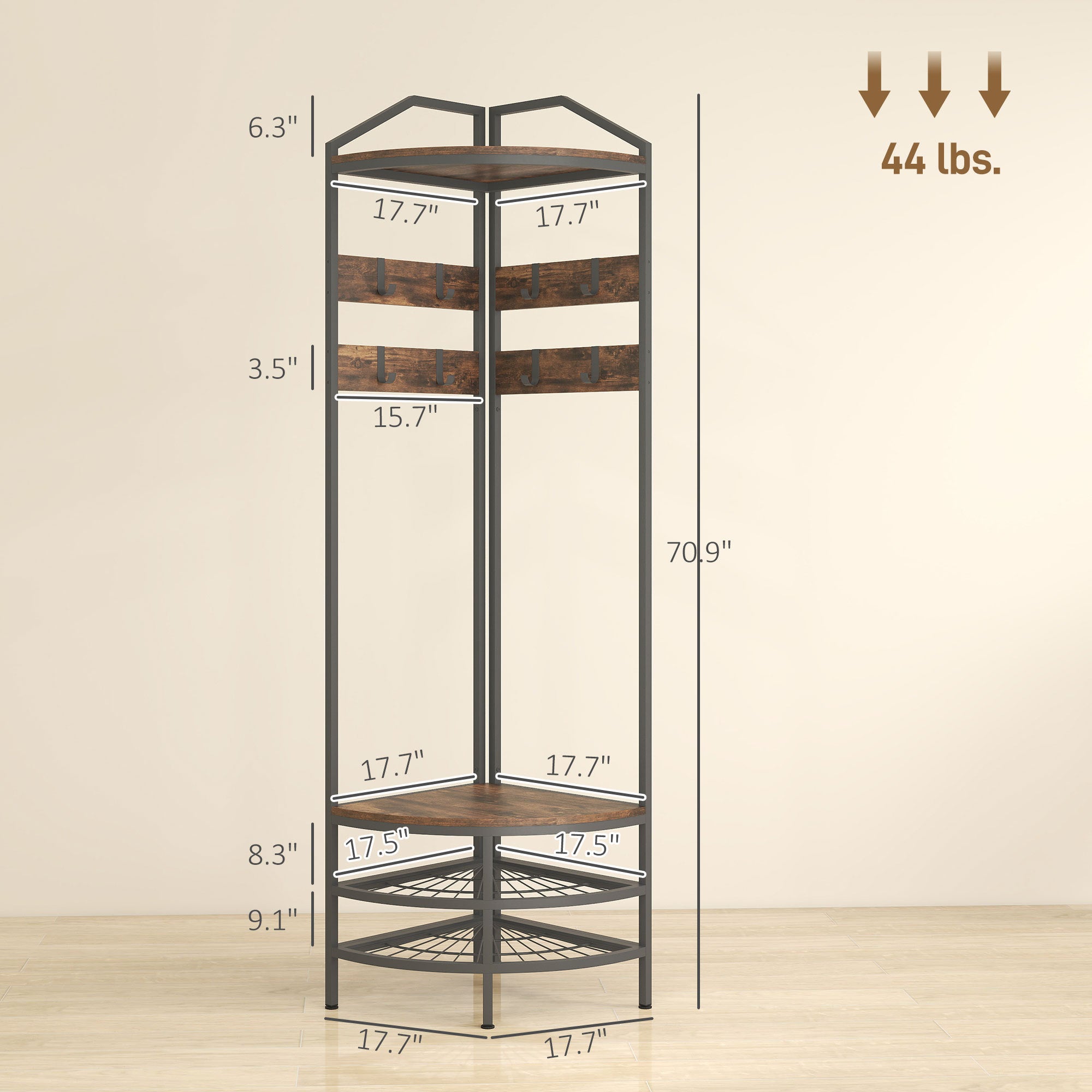 Coat Rack Corner Hall Tree, Industrial 4-Tier Coat Rack with Shoe Storage, 8 Movable Hooks and 2 Shelves - Grand Goldman Shop