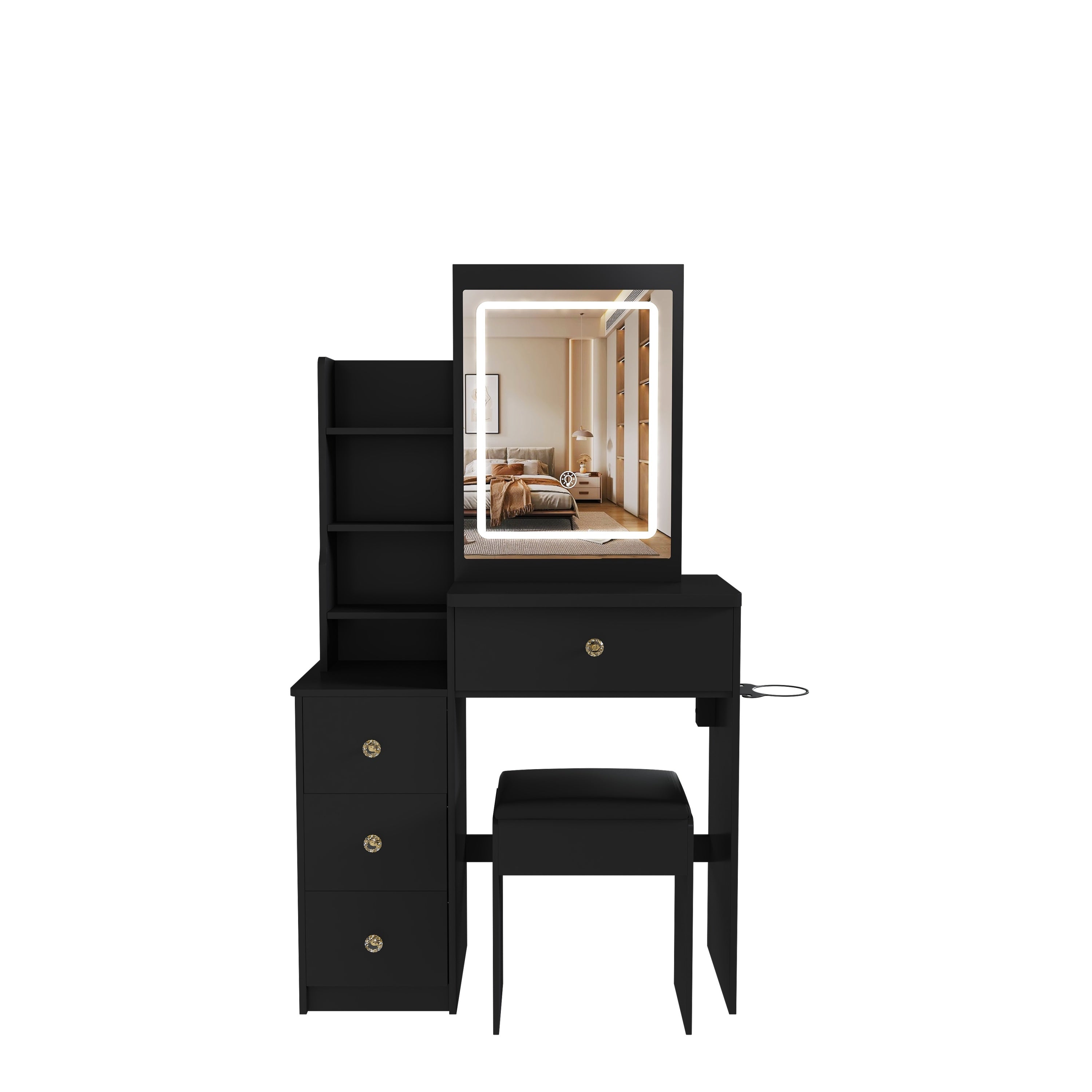 Modern Vanity Desk with 3 LED Lighting Modes, 4 Drawers, Open Shelves, Hair Dryer Holder & Power Socket, Black MDF Dressing Table Set with Chair - Grand Goldman Shop