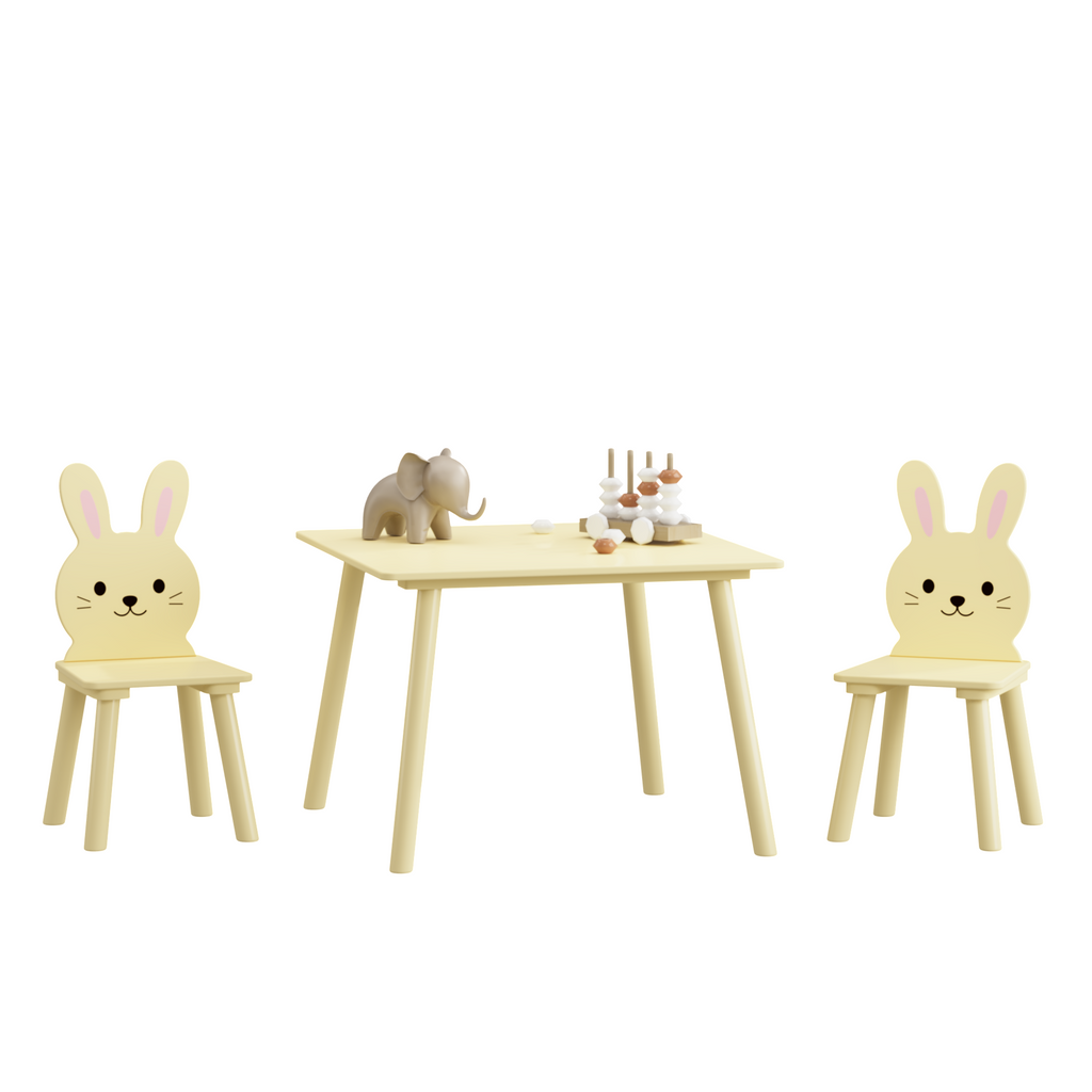 Kids Table and Chair Set with 2 Bunny Chairs, Children's Wooden Activity Table for Toddlers, Cute Animal Design Study Play Se