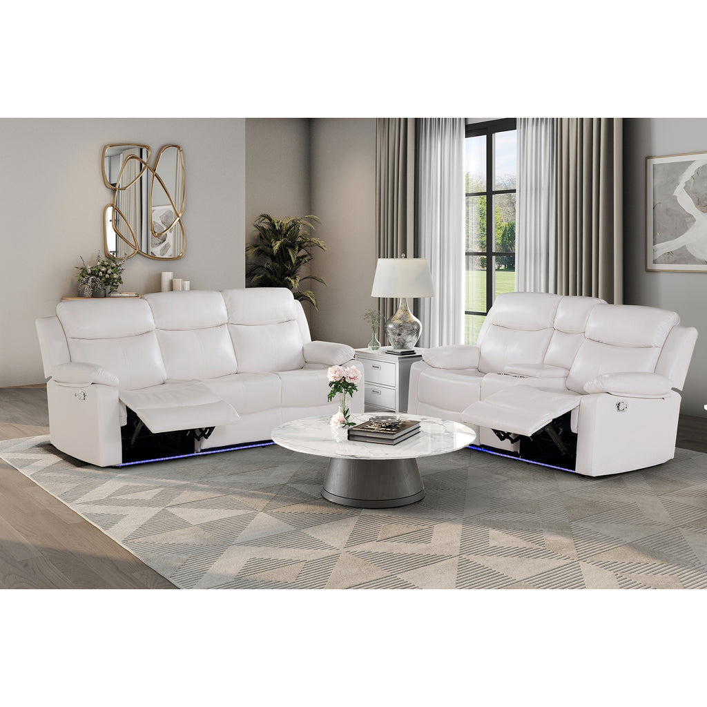Blanche White 2PC Reclining Sofa and Loveseat with LED Lights and Speaker in White Wood Frame, Medium Firm Seating - Grand Goldman Shop