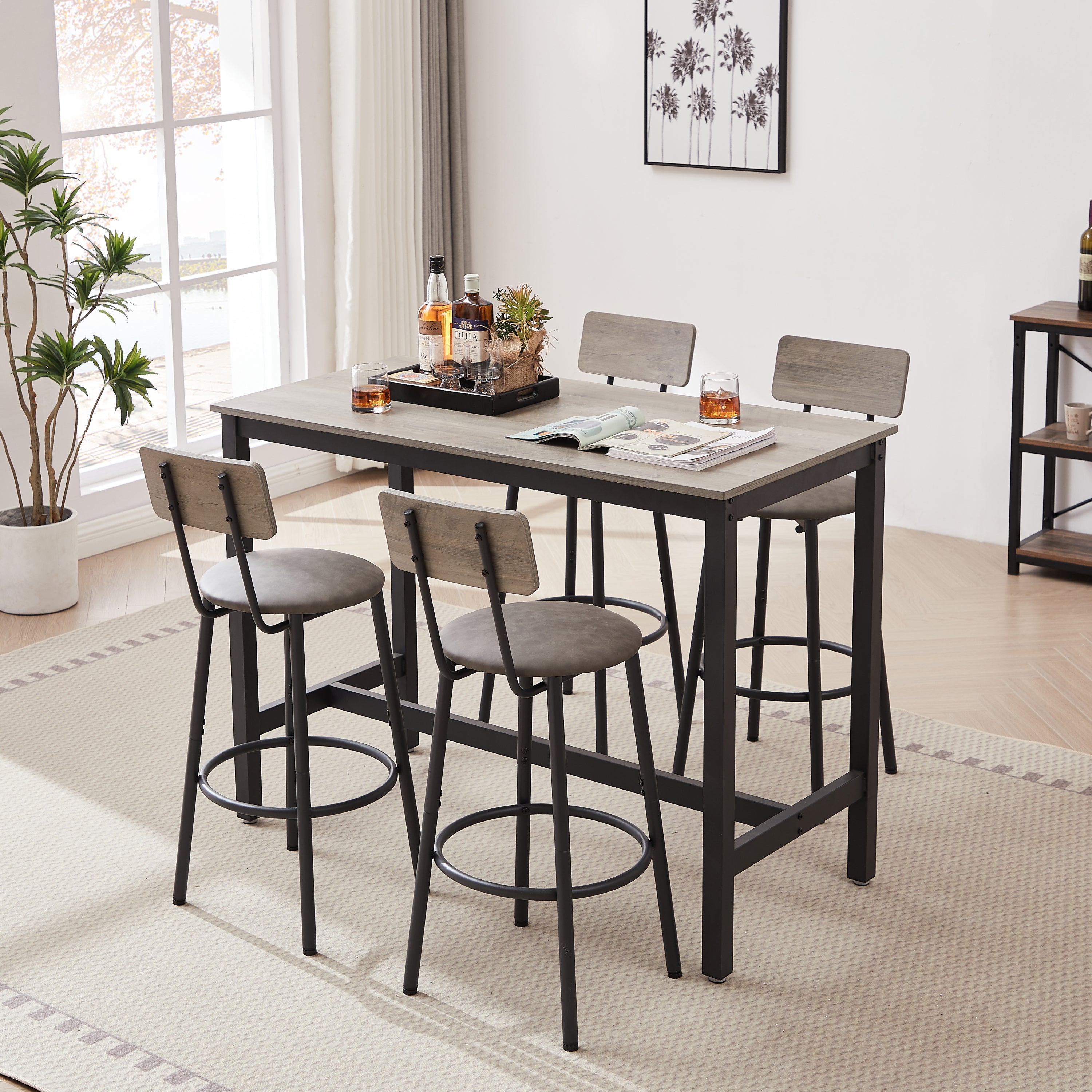 Bar Table Set with 4 Bar stools PU Soft seat with backrest, Grey, 47.24'' L x 23.62'' W x 35.43'' H - Grand Goldman Shop