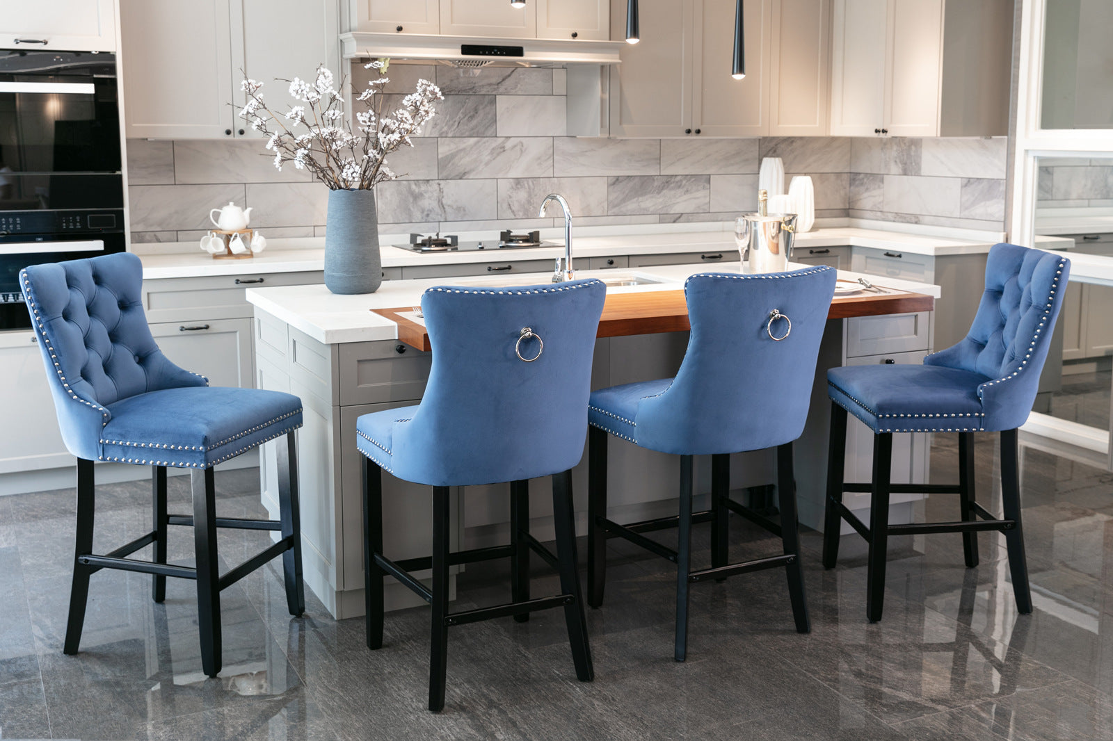 Contemporary Velvet Upholstered Barstools with Button Tufted Decoration and Wooden Legs, and Chrome Nailhead Trim, Leisure Style Bar Chairs,Bar stools, Set of 2 (Blue),SW2002BL - Grand Goldman Shop