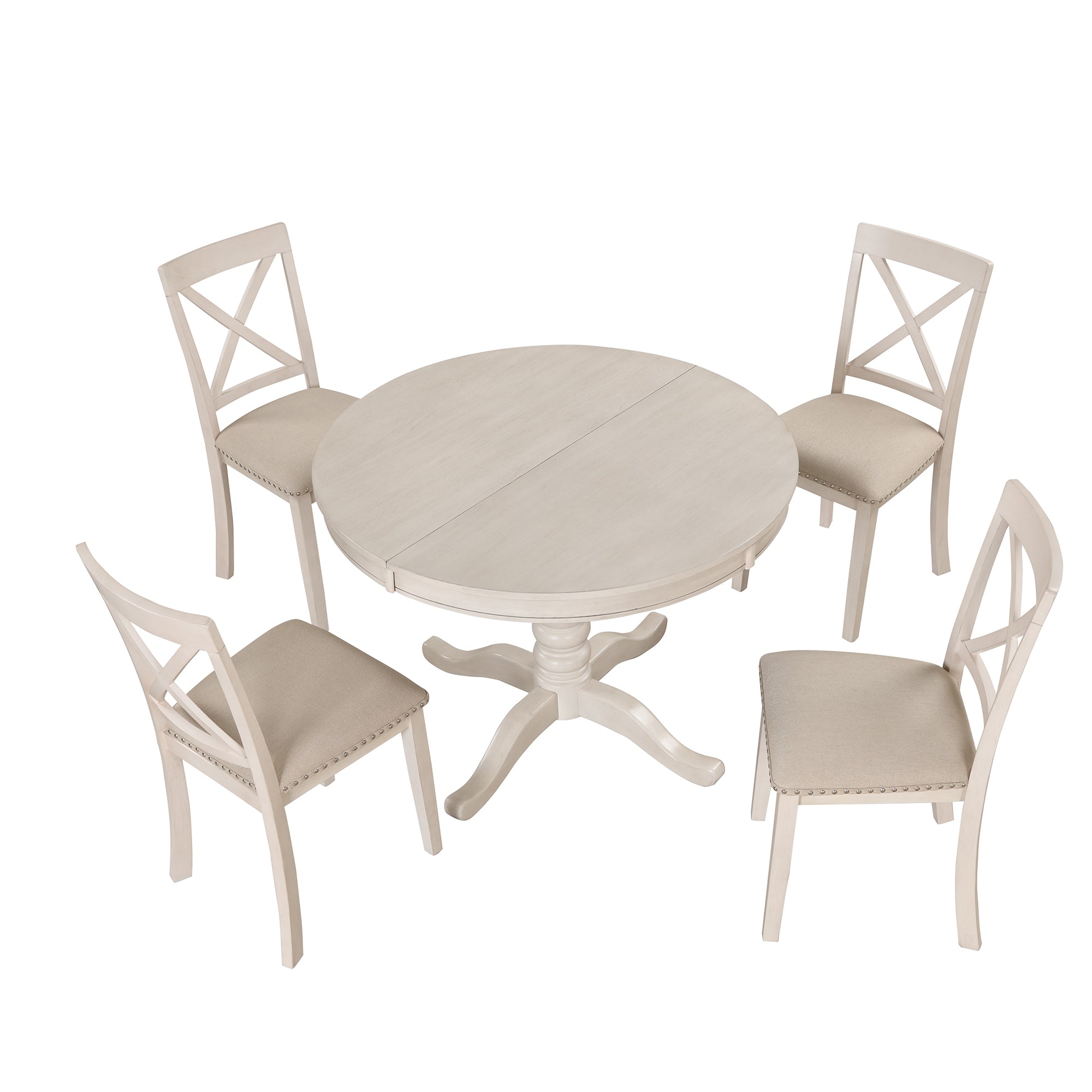 Antique White Modern Dining Table Set for 4 with Round Table and Chairs, Solid Wood & MDF - Grand Goldman Shop