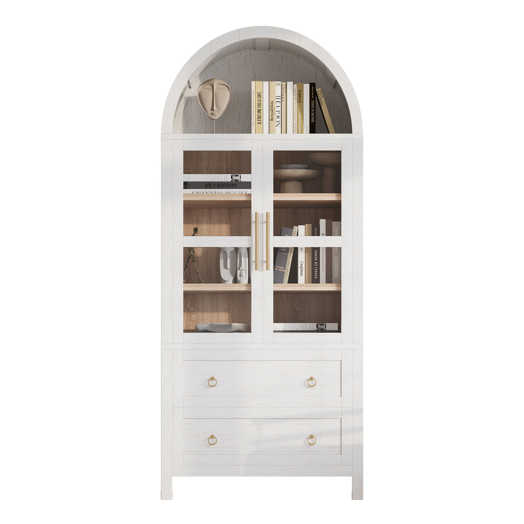 K&K 71' Tall Arched Kitchen Pantry Cabinet with 2 Large Drawers, Modern Farmhouse Kitchen Storage Cabinets with Adjustable Shelves, Glass Door, Wood Versatile Cupboard for Kitchens, Dining Room, White - Grand Goldman Shop