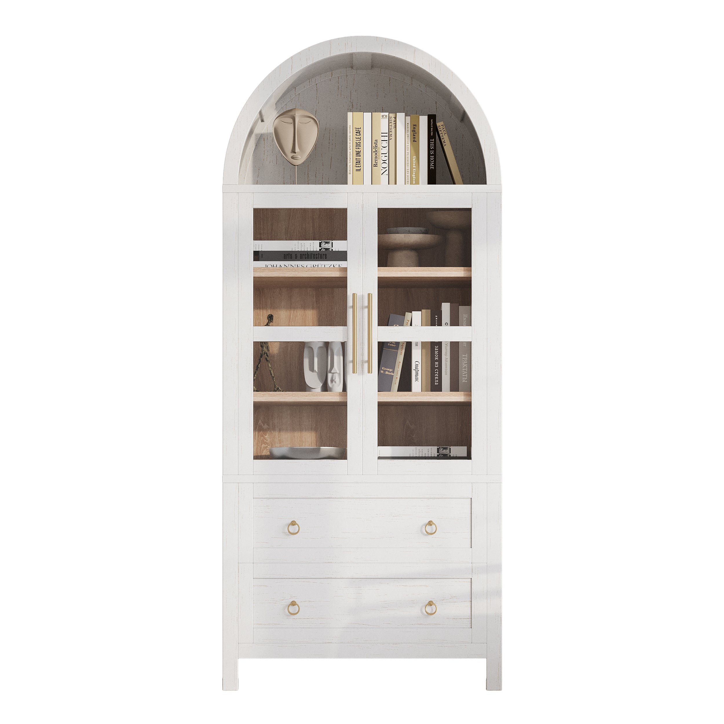 K&K 71' Tall Arched Kitchen Pantry Cabinet with 2 Large Drawers, Modern Farmhouse Kitchen Storage Cabinets with Adjustable Shelves, Glass Door, Wood Versatile Cupboard for Kitchens, Dining Room, White - Grand Goldman Shop