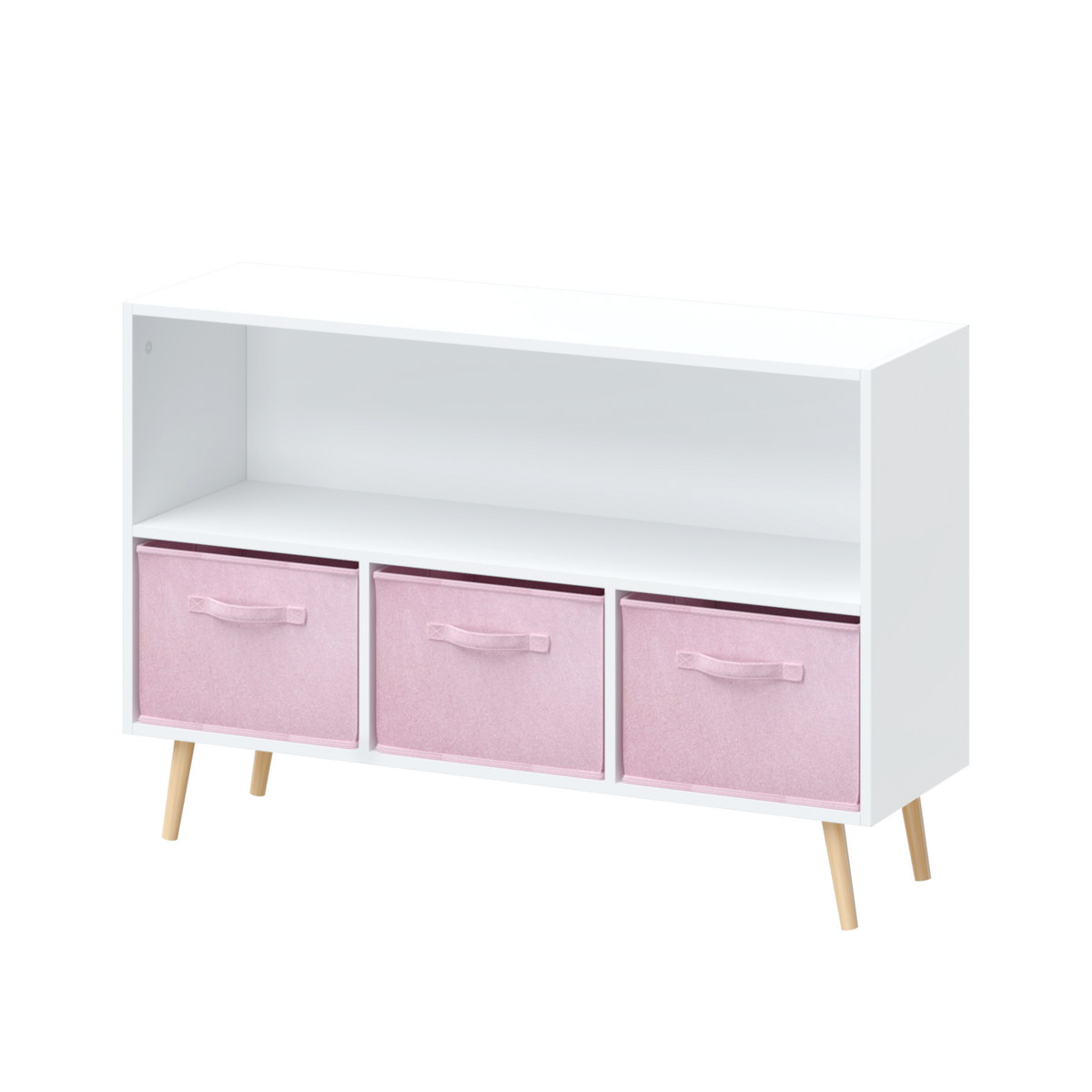 Modern Kids Bookcase with Collapsible Fabric Drawers, Children's Book Display & Toy Storage, White/Pink MDF & Pine Legs - Gra