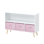 Modern Kids Bookcase with Collapsible Fabric Drawers, Children's Book Display & Toy Storage, White/Pink MDF & Pine Legs - Gra