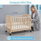 Portable Pine Wood Bedside Bassinet with 3 Adjustable Heights, Natural Wood Mini Crib for Newborns 0-36 Months, Compact Desig