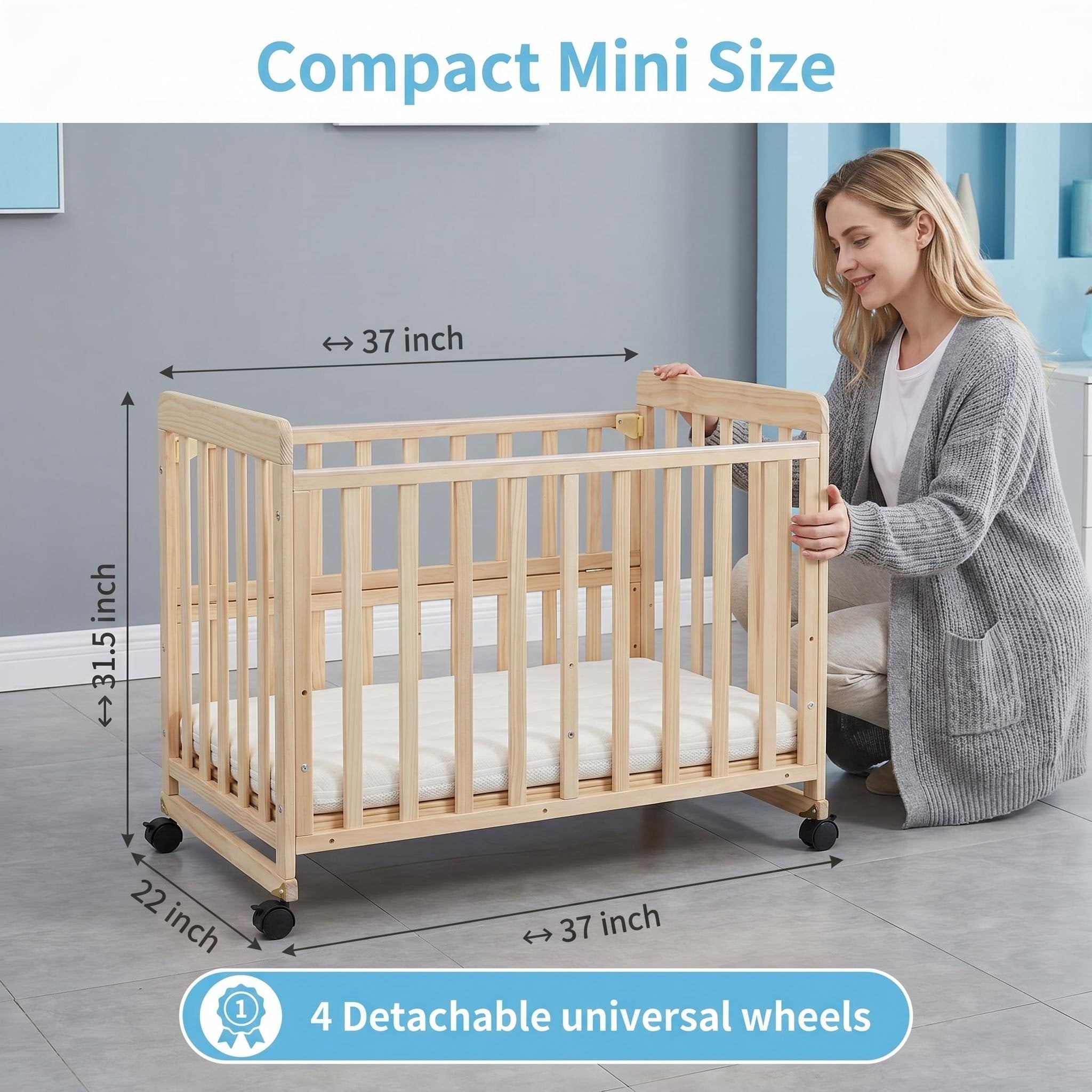 Portable Pine Wood Bedside Bassinet with 3 Adjustable Heights, Natural Wood Mini Crib for Newborns 0-36 Months, Compact Desig